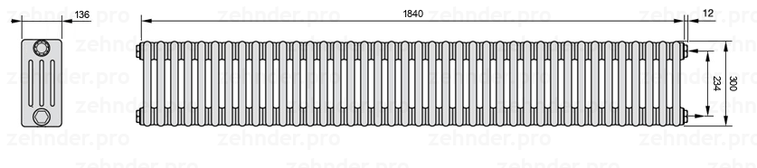 Схема (чертеж) Радиатор Zehnder Charleston 4030/40 №7610 Белый глянцевый RAL 9016